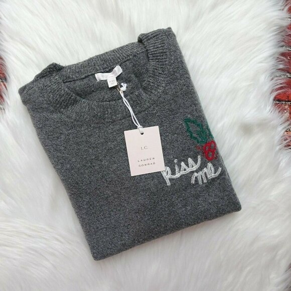 LC Lauren Conrad Women's Sweater KISS Me Ugly Christmas Sweater Gray NWT 2XL - Picture 6 of 12